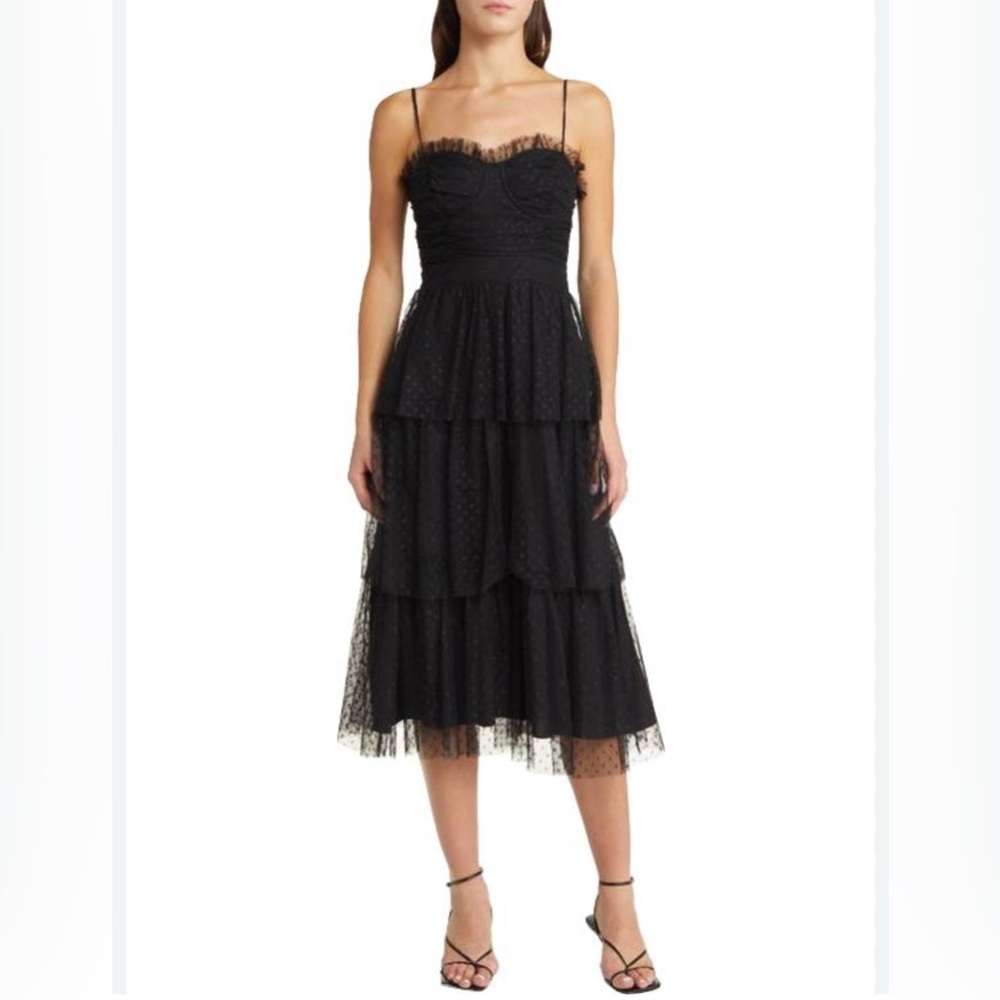 Lulu's sweetheart tired Black Lace Midi cocktail Dress polka dots